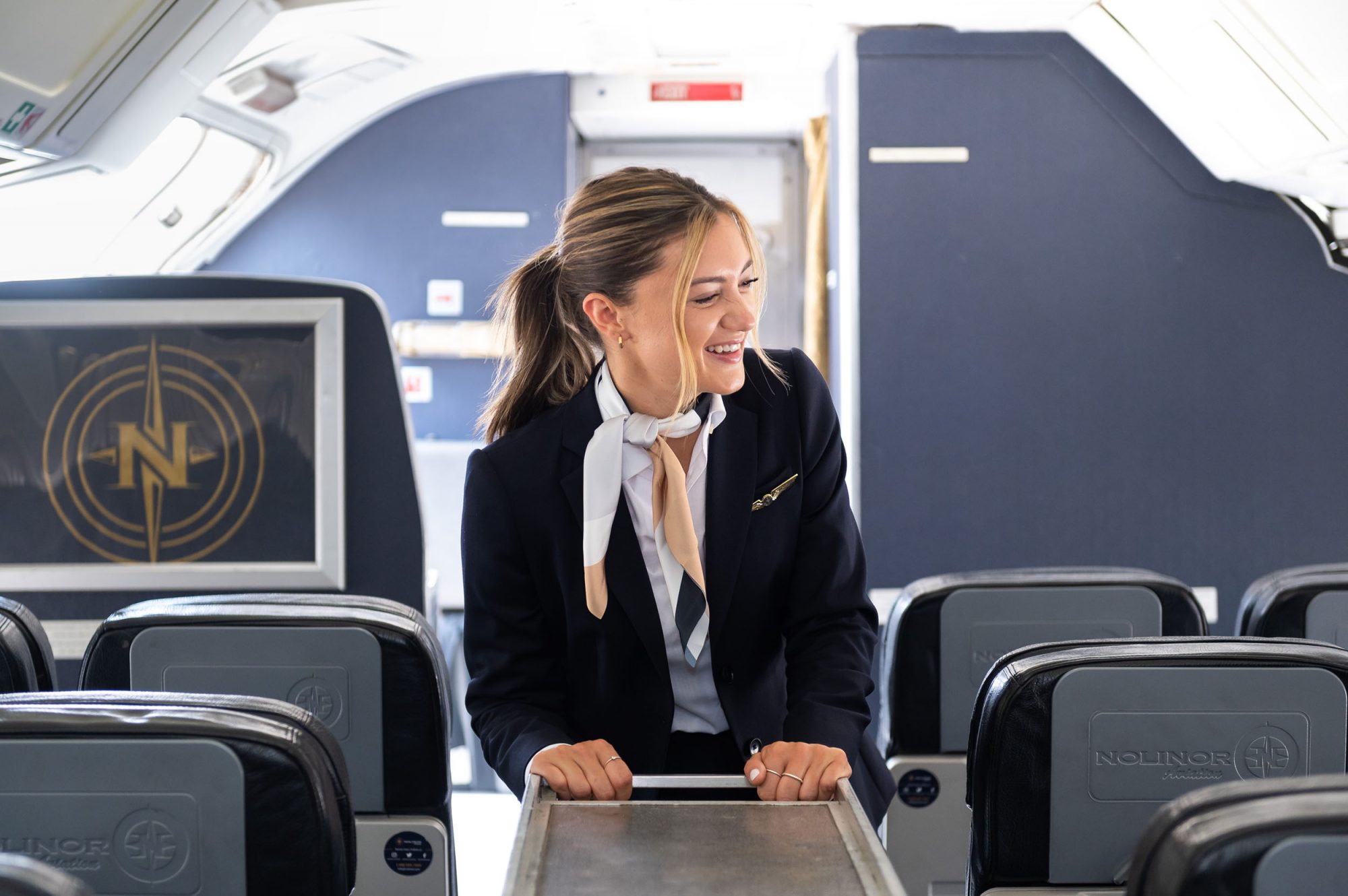 A smiling flight attendant stands in the aisle of an airplane, wearing a navy uniform and a light scarf, ready to assist passengers.