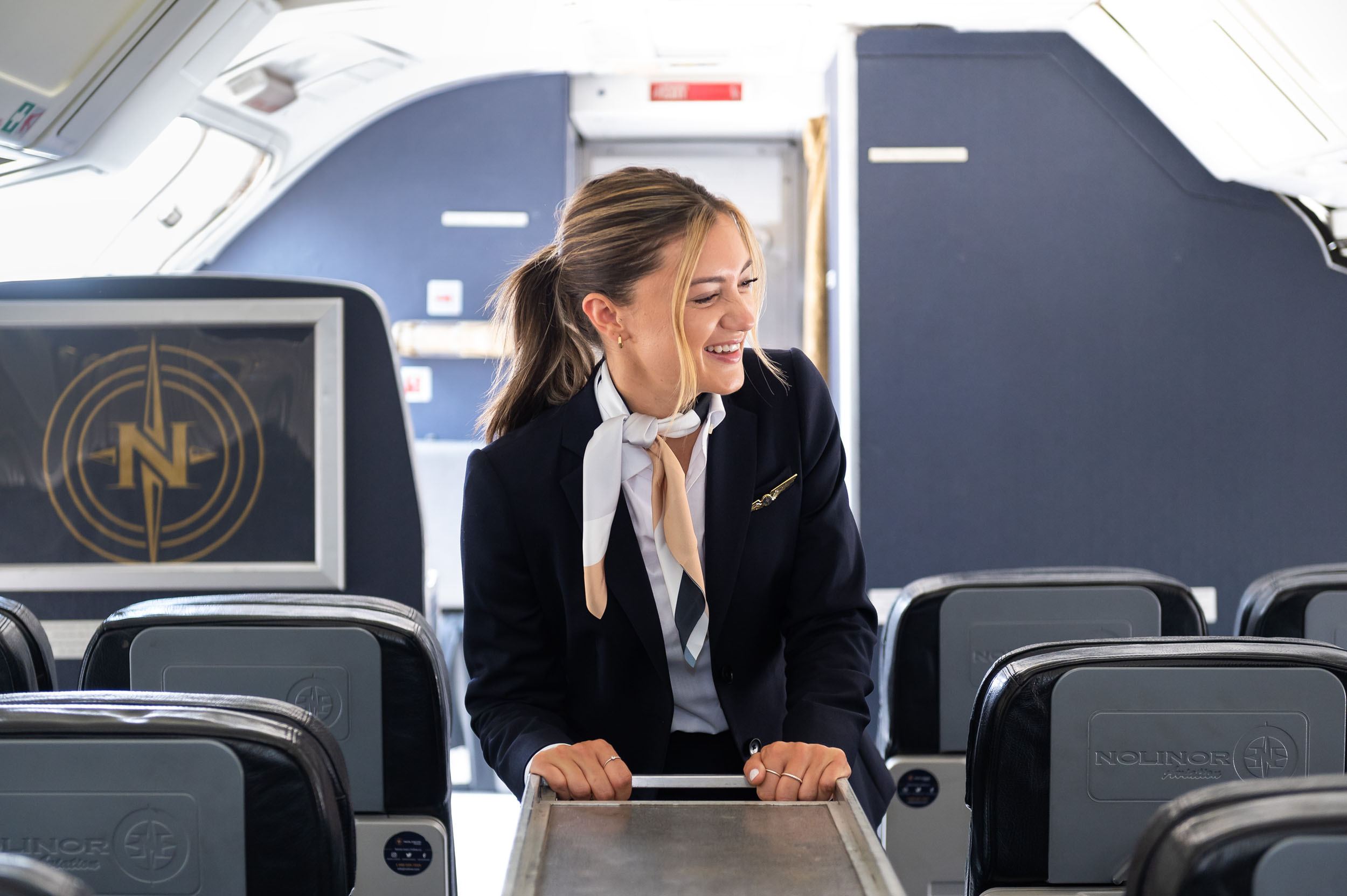 A smiling flight attendant stands in the aisle of an airplane, wearing a navy uniform and a light scarf, ready to assist passengers.