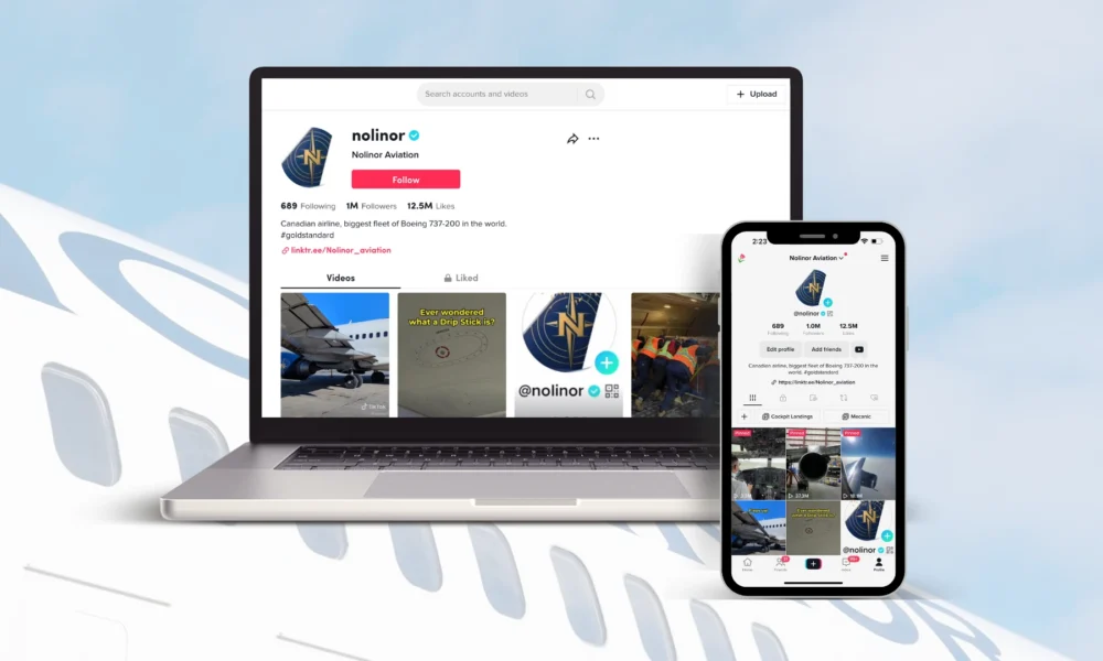 Un ordinateur portable et un smartphone affichent le profil TikTok de Nolinor Aviation, une compagnie aérienne canadienne. Le profil mentionne 1 million de followers et 12,5 millions de likes.
