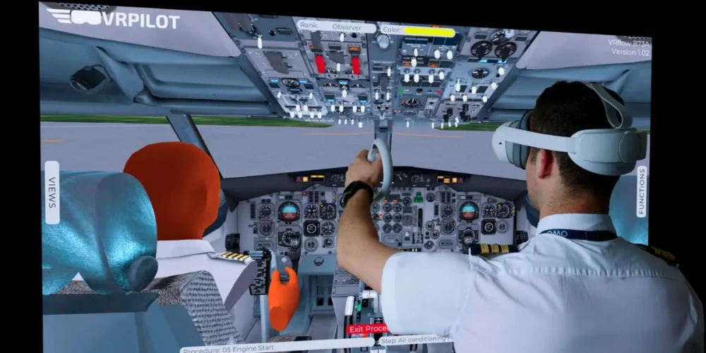 A pilot in a virtual reality headset operates a flight simulator cockpit, preparing for takeoff with controls and instruments visible.