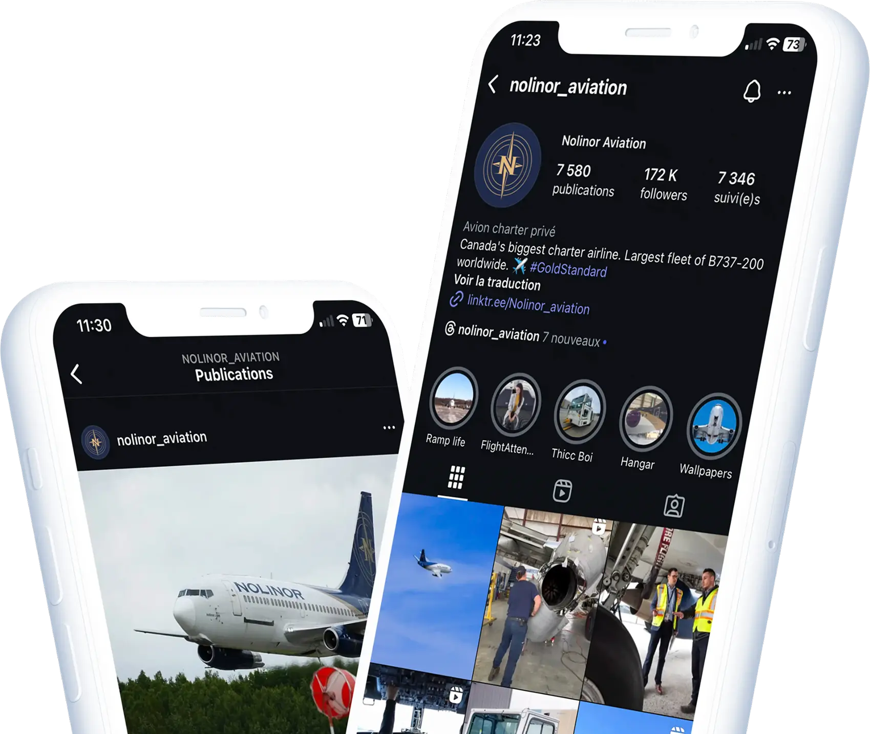 Two smartphones display the Noliner Aviation Instagram profile, showcasing aviation images and statistics, including followers and posts.