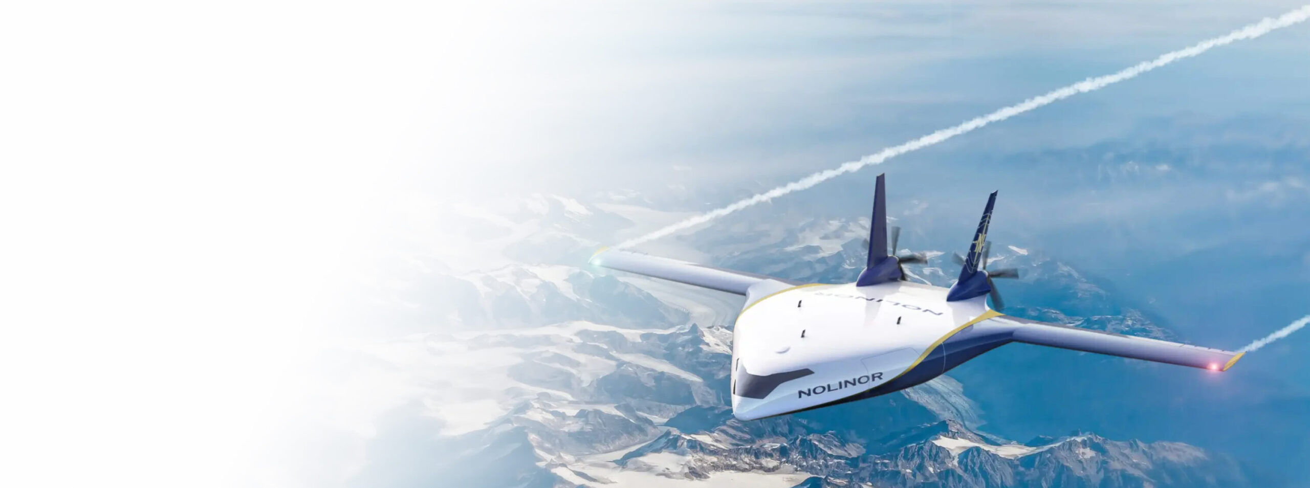 An airplane flies over snow-covered mountains, leaving a contrail in the sky. The Nolinor logo is visible on the aircraft.