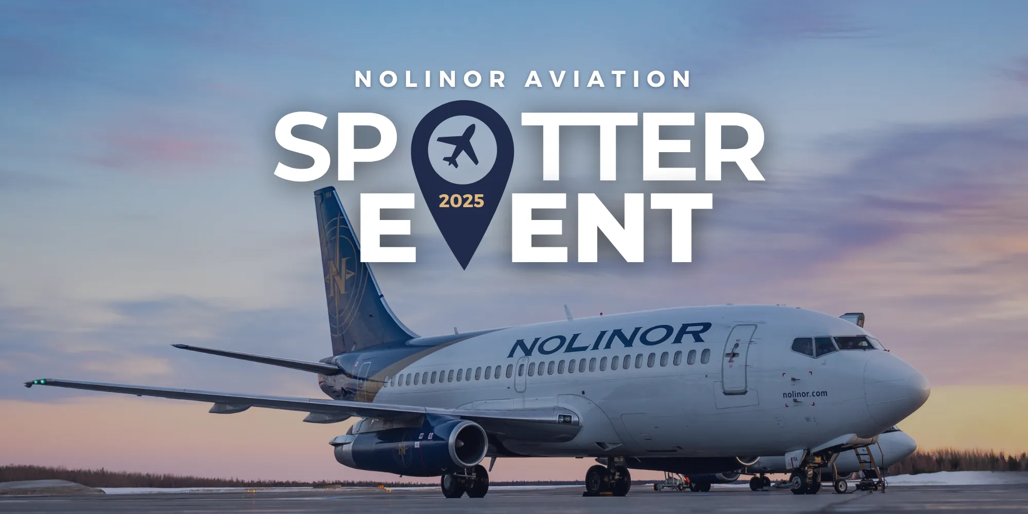 Nolinor Aviation's 2025 Spotter Event promotional graphic featuring a parked airplane against a colorful sky.