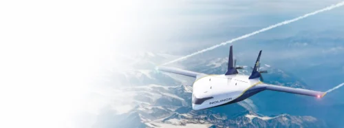 An airplane flies over snow-covered mountains, leaving a contrail in the sky. The Nolinor logo is visible on the aircraft.