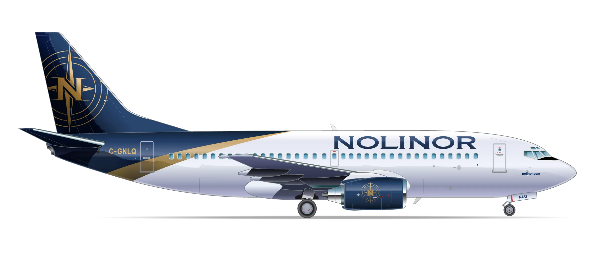 Un avion de ligne aux couleurs de Nolinor, avec un design bleu et blanc, affichant le logo de la compagnie sur le fuselage.